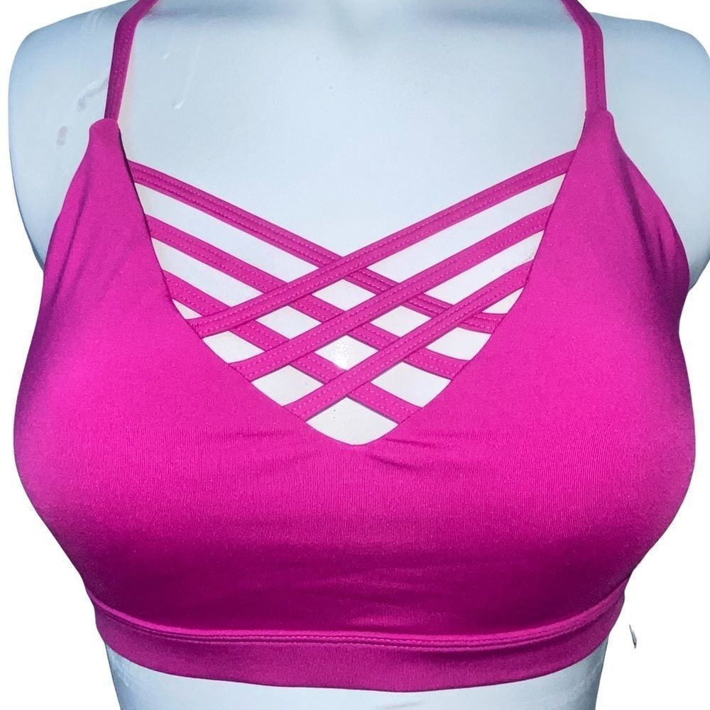 Pink Sports Bra With Strap Detail on Cleavage